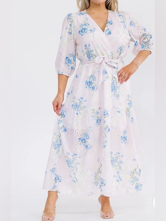 Dresses & Skirts - 0254. Light Floral Eyelet Wrap Maxi Dress in Blue